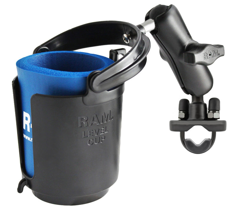 RAM Handlebar Rail Mount With Zinc Coated U-Bolt Base And Level Cup™ Drink Holder With Stubbie Holder (RAM-B-132RU)